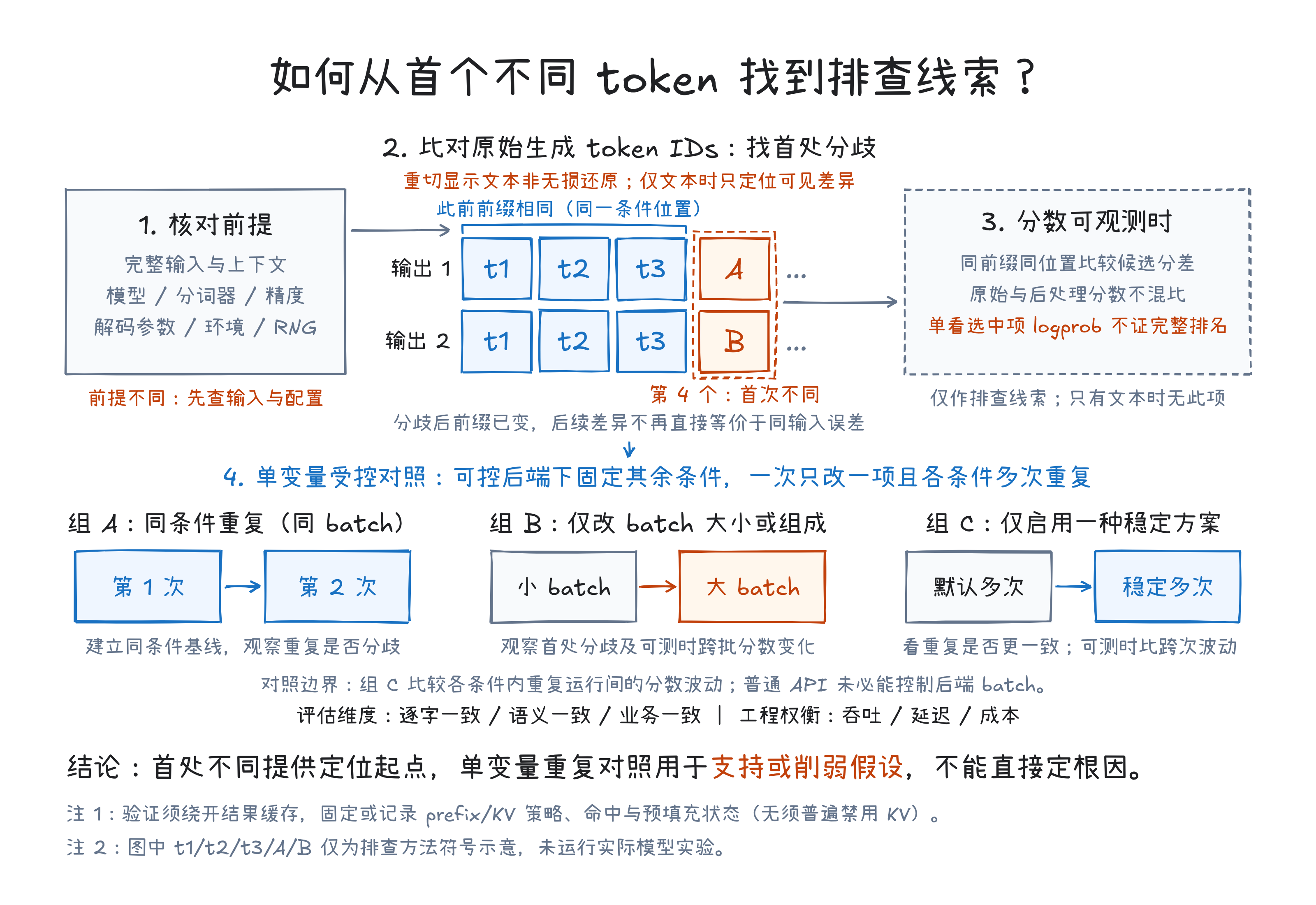 从首个不同 token 定位排查与单变量对照流程